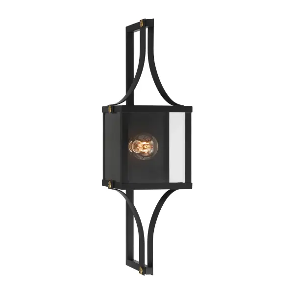The Raeburn outdoor wall lantern combines architectural structure with refined detailing. Its beveled clear glass cube is framed by a bold matte black structure accented with weathered brushed brass, creating visual interest and curb appeal.