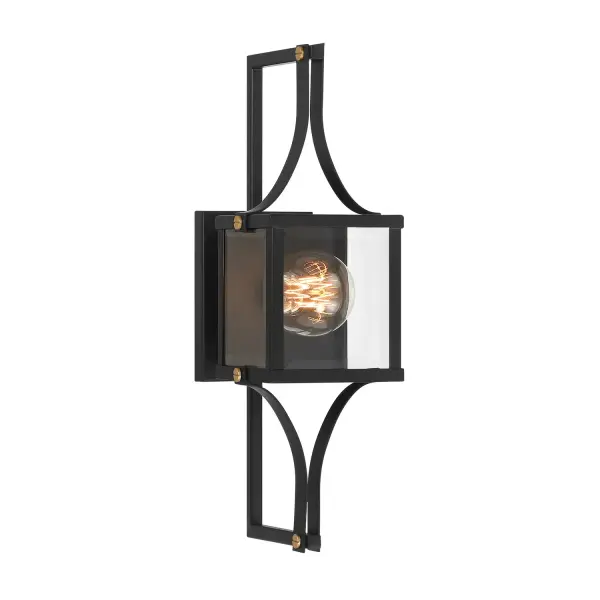 The Raeburn outdoor wall lantern combines modern geometry with transitional appeal through its structured cube frame and mixed metal finishes. Wet-rated for durability and featuring beveled clear glass for enhanced light diffusion.