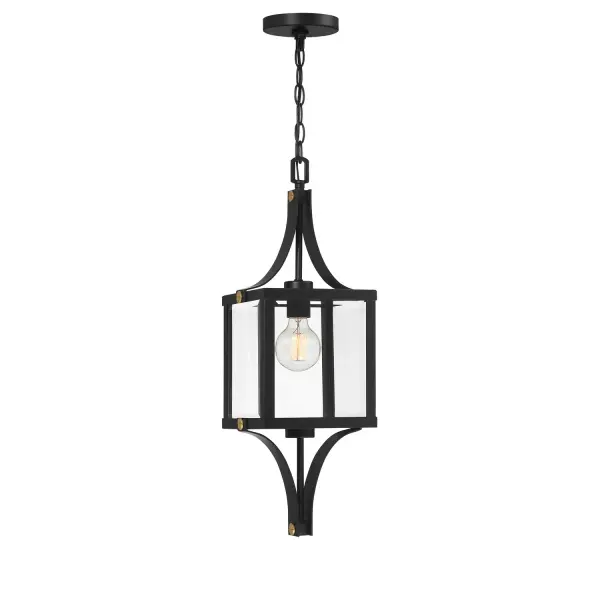 Raeburn Outdoor Hanging Lantern in Matte Black and Weathered Brushed Brass - Image 1