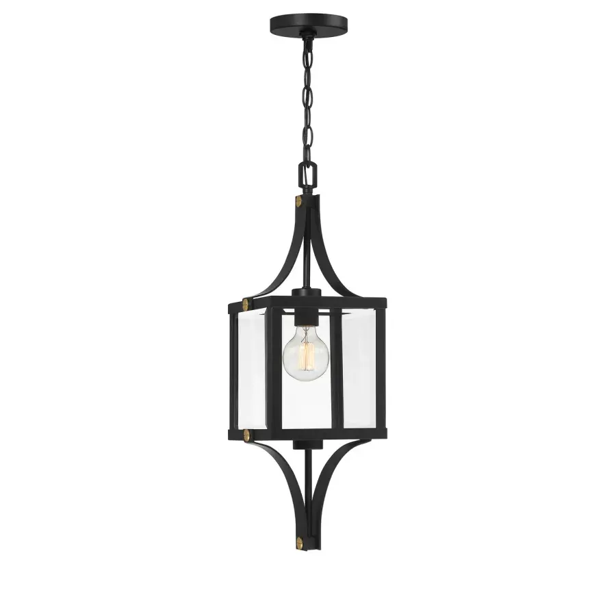 Raeburn Outdoor Hanging Lantern in Matte Black and Weathered Brushed Brass - Image 1