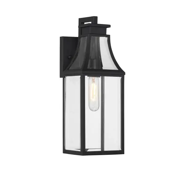 The Emery wall lantern brings timeless elegance to any exterior with its charming curved hood and clear beveled glass panels. Wet-rated for full weather exposure, it combines traditional styling with modern versatility in a compact footprint.