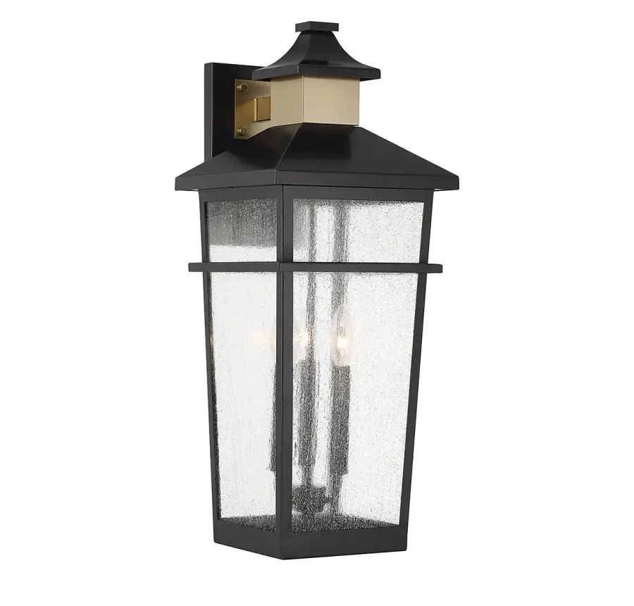 Kingsley 3-Light Outdoor Wall Lantern in Matte Black with Warm Brass Accents - Image 1