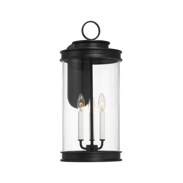 The Englewood outdoor wall lantern brings timeless elegance to exterior spaces with its clean-lined matte black frame and clear glass cylinder. Wet-rated for durability and versatile enough for traditional or transitional homes.