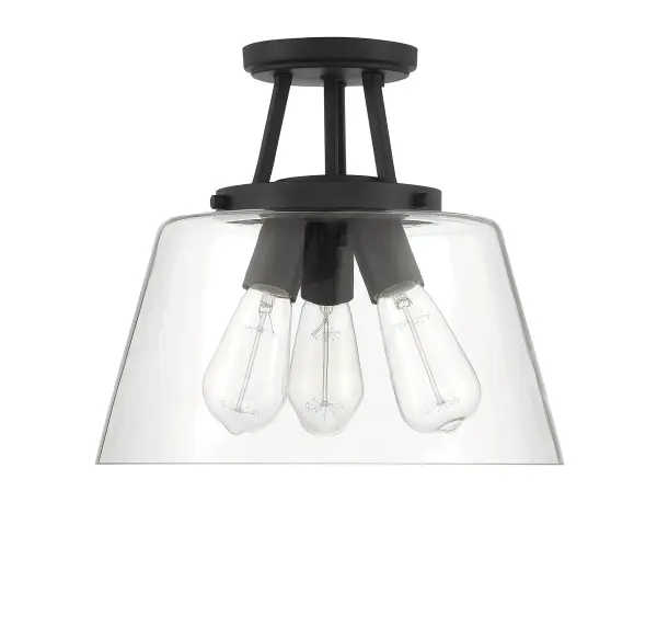 The Calhoun semi-flush mount delivers understated elegance with its matte black finish and clear glass shades. Its compact 13-inch profile and simple geometry make it adaptable across multiple room types and design styles. - alternate view