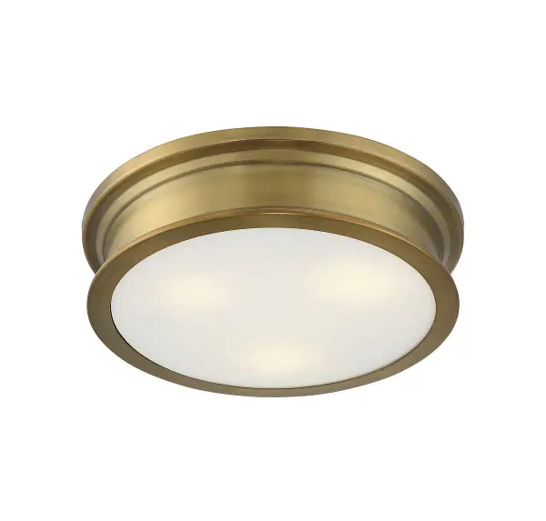 The Watkins flush mount blends vintage Art Deco rings with contemporary streamlined design. Warm brass finish adds luxury while white opal glass provides glare-free illumination. Compact 16" profile fits beautifully in various spaces. - alternate view