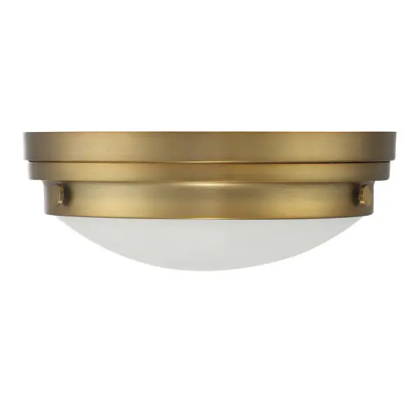 The Lucerne flush mount delivers warm metallic style with practical functionality. Its compact 13.25" profile and white glass shade provide comfortable ambient light for smaller spaces. The warm brass finish adds sophistication without overwhelming. - alternate view