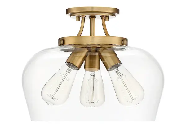 The Octave semi-flush mount delivers understated elegance with its curved clear glass shade and warm brass finish. At 13 inches wide, it's perfectly sized for smaller spaces while providing ample illumination through three bulbs. - alternate view