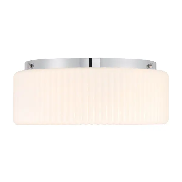 The Edgemont flush mount combines vintage charm with modern versatility. Its ribbed white strie glass shade creates eye-catching texture while the polished chrome finish complements any décor. At 20 inches wide, it's sized perfectly for larger spaces.