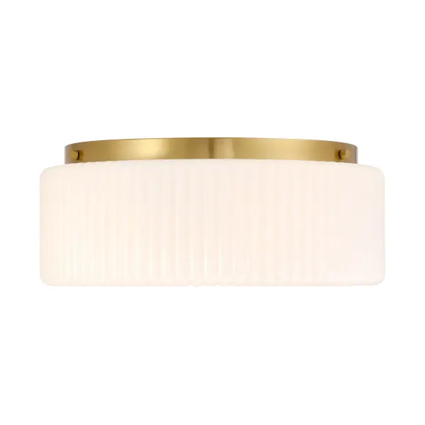 The Edgemont flush mount combines vintage charm with modern versatility. Its ribbed strie glass shade creates eye-catching texture while the warm brass finish complements diverse interiors. At 20 inches wide, it provides substantial illumination for larger spaces without sacrificing ceiling height.