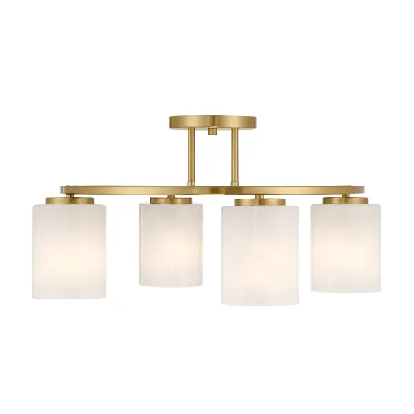 The Herron semi-flush mount combines contemporary design with warm brass elegance. Its swirling strie glass cylinders create visual interest while providing ample illumination for medium-sized spaces.
