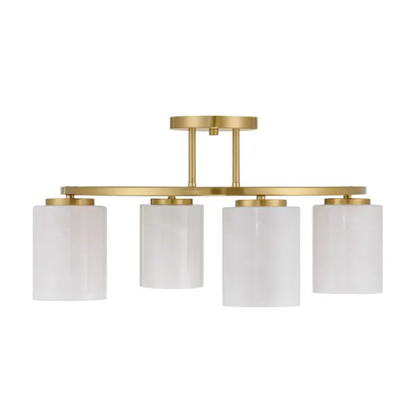 The Herron semi-flush mount combines contemporary design with warm brass elegance. Its swirling strie glass cylinders create visual interest while providing ample illumination for medium-sized spaces. - alternate view