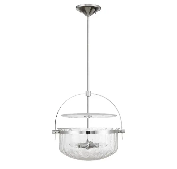 The Denmar offers exceptional flexibility as both a semi-flush mount and pendant, making it ideal for spaces with varying ceiling heights. The crackled glass shade adds textural interest while the polished chrome finish provides timeless appeal. - alternate view