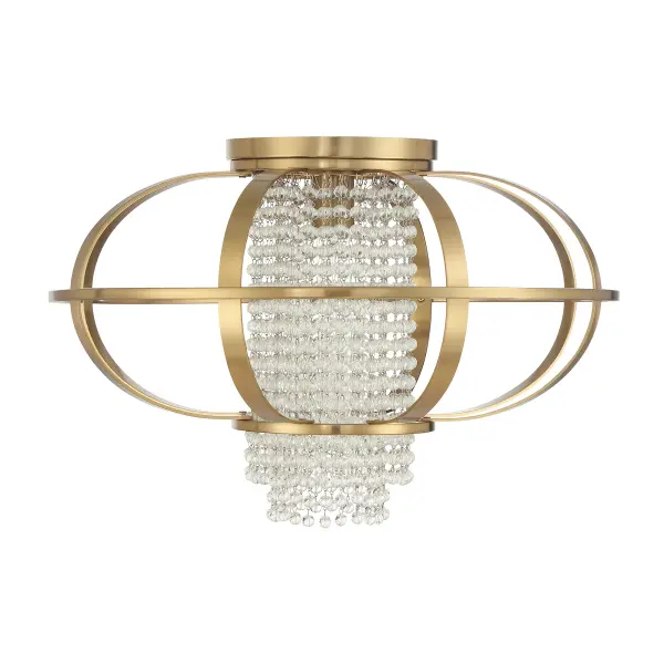 The Idlewild flush mount masterfully blends elegance with edge, featuring a sleek metal cage surrounding rows of clear crystal beads. The warm brass finish adds sophistication while the 20-inch width makes a statement without overwhelming. - alternate view
