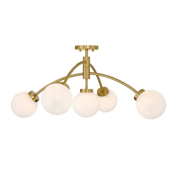 The Redfield semi-flush mount commands attention with its dramatic 36-inch span and five swirling white strie glass orbs. Perfect for large spaces needing both style and substantial illumination, its warm brass finish adds sophisticated warmth.