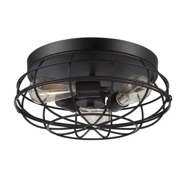 The Scout flush mount delivers authentic industrial character with its open cage shade and rich English bronze finish. At 15 inches wide and only 6.5 inches tall, it provides excellent ambient lighting without sacrificing headroom. Damp-rated for covered outdoor use.