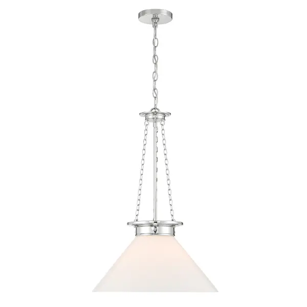 The Myers pendant combines timeless design with modern versatility. Its lustrous white cased glass shade and polished nickel finish create a sophisticated look that works across traditional and contemporary spaces.