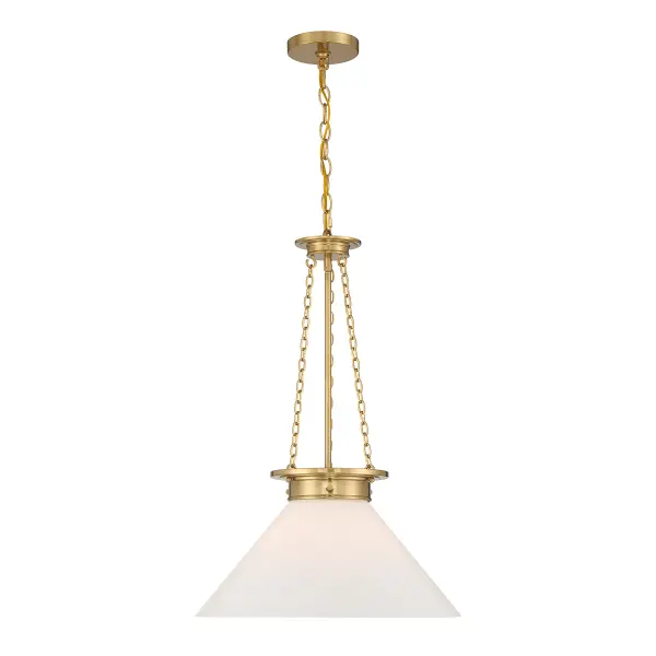 The Myers pendant combines vintage charm with versatile styling through its white cased glass shade and warm brass finish. The decorative chain detail adds character while the 18-inch width makes it suitable for various spaces from dining rooms to foyers.