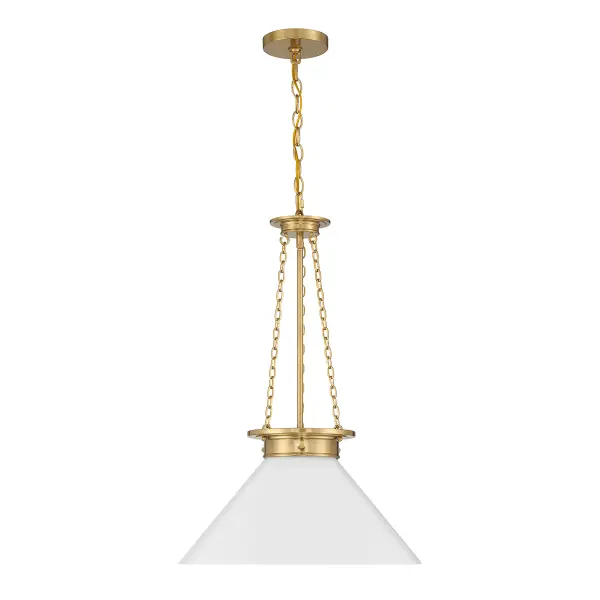 The Myers pendant combines vintage charm with versatile styling through its white cased glass shade and warm brass finish. The decorative chain detail adds character while the 18-inch width makes it suitable for various spaces from dining rooms to foyers. - alternate view