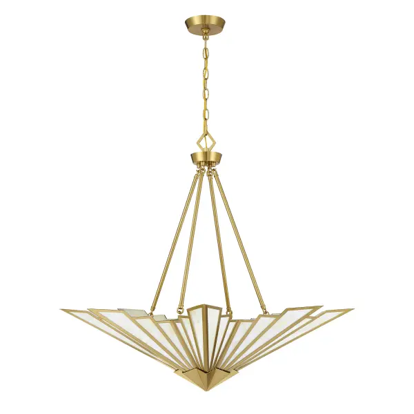 The Rivage pendant brings sophisticated Art Deco style with its dramatic 36-inch fan-like structure adorned with Tiffany art glass. The warm brass finish adds luxurious warmth while the substantial size makes a bold statement in dining rooms and grand foyers. - alternate view