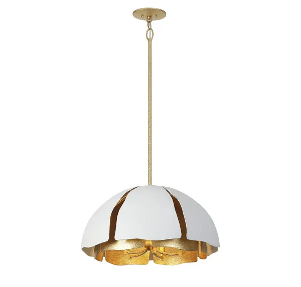 The Brewster pendant brings organic beauty to transitional spaces with its blooming flower design. The cavalier gold and royal white finish combination creates visual interest while the 26-inch width provides substantial presence without overwhelming.