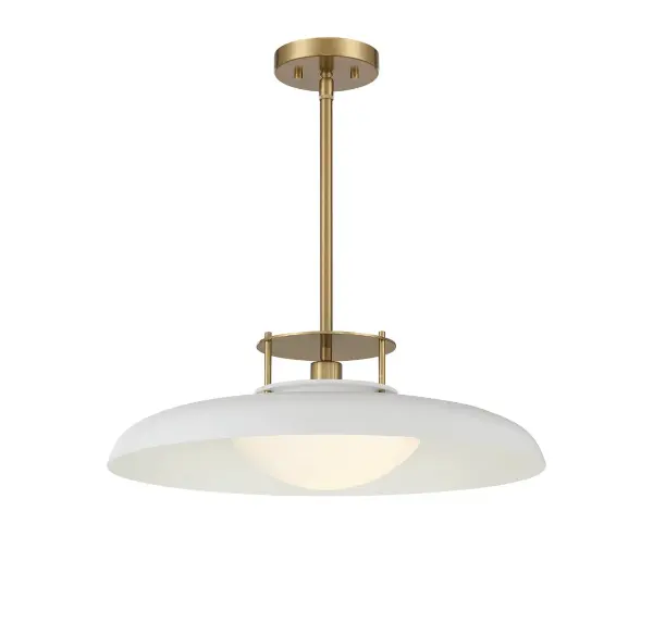 The Gavin pendant masterfully blends vintage charm with midcentury modern aesthetics through its distinctive dual-shade design. The opal glass inner shade softens light while the wide metal outer shade directs illumination, creating ambient glow perfect for dining and living spaces.