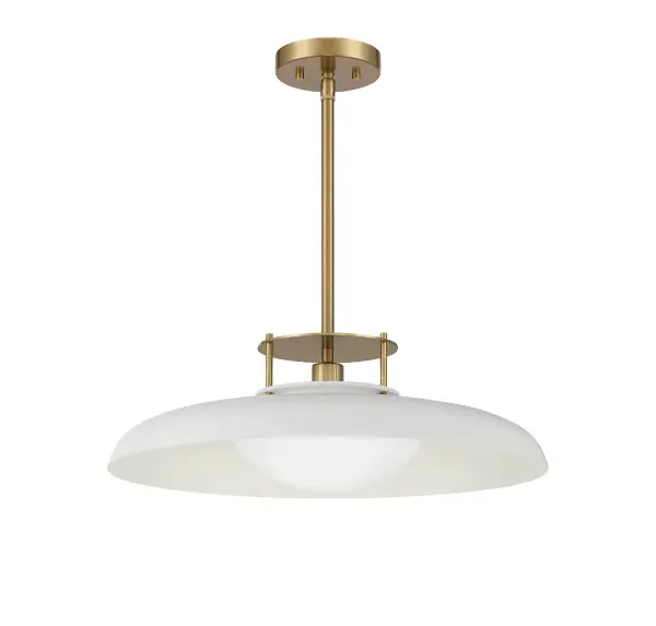 The Gavin pendant masterfully blends vintage charm with midcentury modern aesthetics through its distinctive dual-shade design. The opal glass inner shade softens light while the wide metal outer shade directs illumination, creating ambient glow perfect for dining and living spaces. - alternate view