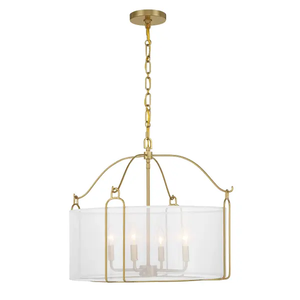 The Ashlay pendant combines transitional elegance with contemporary simplicity. Its delicate organza drum shade diffuses light beautifully while sleek curved arms in Warm Brass add refined metallic detail. Versatile sizing works in multiple spaces.
