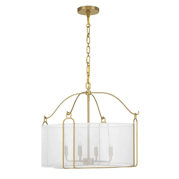 The Ashlay pendant combines transitional elegance with contemporary simplicity. Its delicate organza drum shade diffuses light beautifully while sleek curved arms in Warm Brass add refined metallic detail. Versatile sizing works in multiple spaces. - alternate view