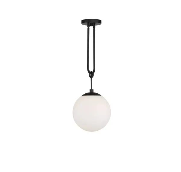 The Becker pendant delivers iconic midcentury style with a white glass globe and matte black hardware. Its compact 10-inch size and adjustable height make it versatile for various spaces, from kitchen islands to bedroom nightstands.