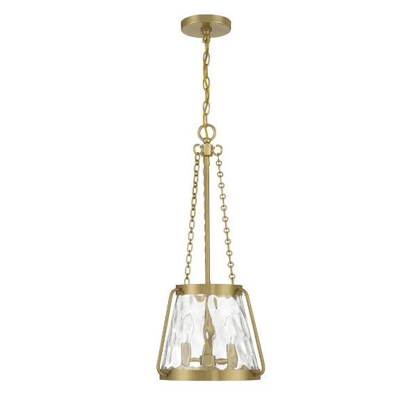 The Crawford pendant blends timeless lantern design with industrial details in a warm brass finish. Clear water glass provides beautiful light diffusion while the compact 12-inch width makes it versatile for various spaces. - alternate view