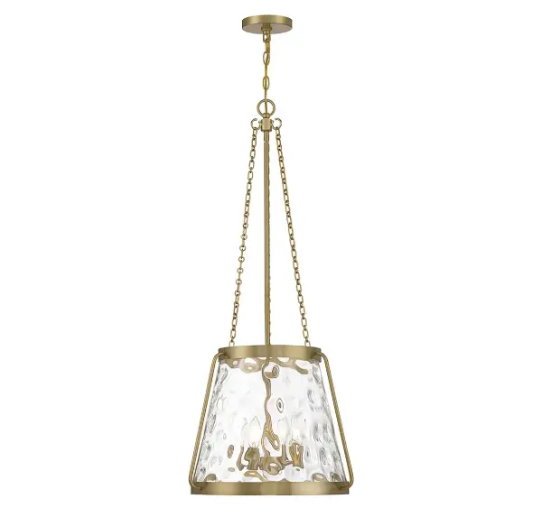 The Crawford pendant combines timeless lantern design with warm brass finish and clear water glass for versatile appeal. Its 18-inch width makes it perfect for medium-sized spaces, while industrial details add contemporary edge.