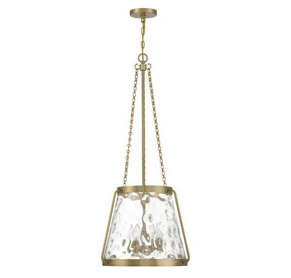 The Crawford pendant combines timeless lantern design with warm brass finish and clear water glass for versatile appeal. Its 18-inch width makes it perfect for medium-sized spaces, while industrial details add contemporary edge. - alternate view