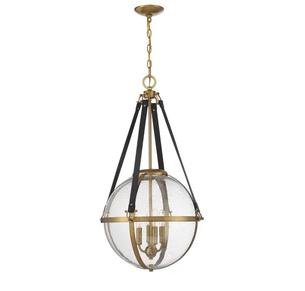 The Bozeman pendant masterfully blends rustic charm with refined sophistication through its unique chocolate leather straps and warm brass finish. The seeded glass orb creates beautiful light diffusion while the equestrian-inspired design adds character to any space.