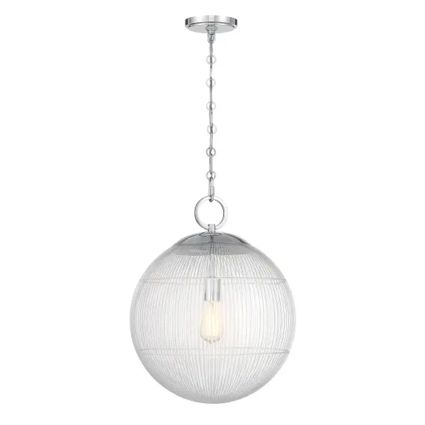 The Cabot pendant makes a striking statement with its segmented glass orb featuring an etched cage-like pattern. The Chrome finish and circular hardware details create a refined, contemporary look that works beautifully in both residential and commercial spaces.