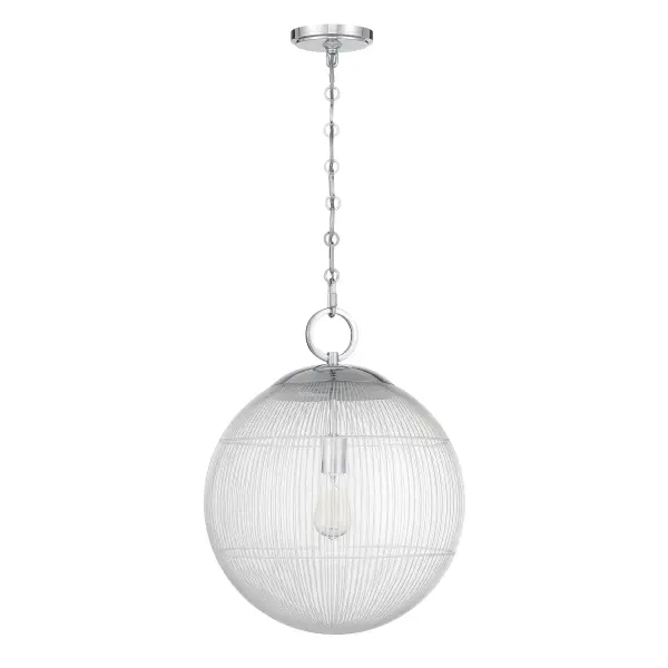 The Cabot pendant makes a striking statement with its segmented glass orb featuring an etched cage-like pattern. The Chrome finish and circular hardware details create a refined, contemporary look that works beautifully in both residential and commercial spaces. - alternate view