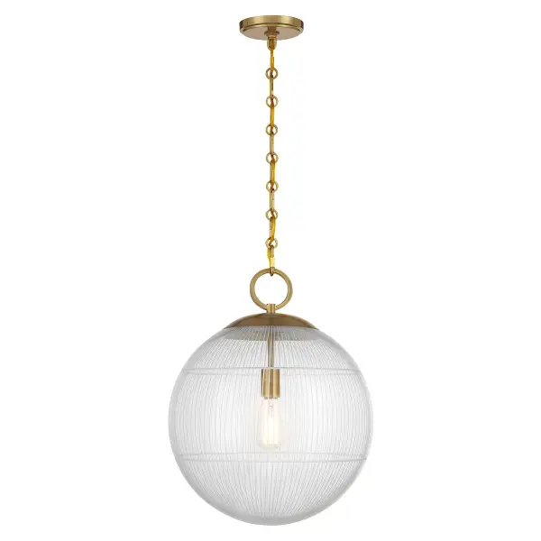The Cabot pendant makes a striking statement with its segmented glass orb featuring an etched cage-like pattern. The warm brass finish adds sophisticated warmth, while the textured glass creates visual interest both lit and unlit.