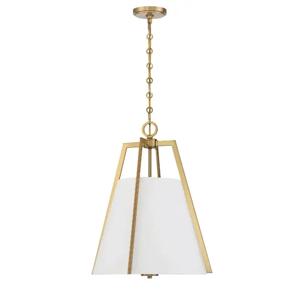 The Mansfield pendant combines sophisticated tailoring with jewelry-like details. Its white fabric drum shade and warm brass prongs create a refined focal point that bridges traditional and contemporary aesthetics. - alternate view