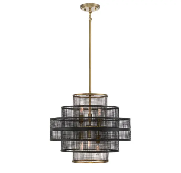 The Kelvin pendant combines industrial mesh shades with warm brass details for a sophisticated look. Three overlapping black mesh shades create visual depth while the brass accents add warmth. Versatile sizing works in multiple spaces.