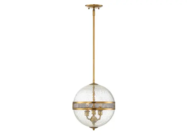 The Stirling pendant delivers vintage drama with its 12-inch crackled glass orb and mesh detailing. The warm brass finish adds richness while the adjustable hanging height offers installation flexibility for various ceiling heights.