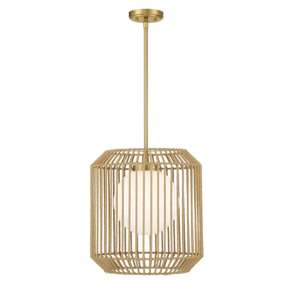 The Pastis pendant combines natural rattan weaving with warm brass and white glass for a relaxed yet refined look. Its 16-inch diameter works beautifully in smaller spaces while the adjustable height offers installation flexibility.