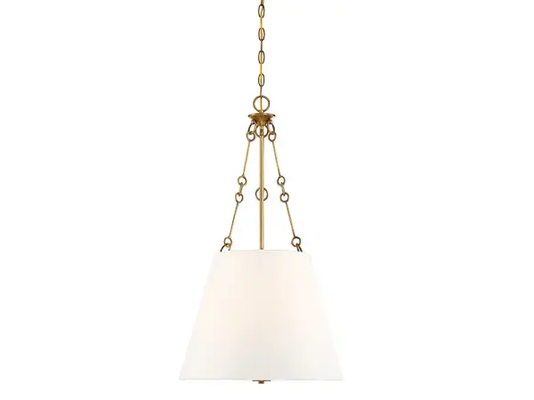 The Austin pendant combines timeless brass warmth with a clean white fabric shade for versatile, glare-free illumination. Its adjustable chain and sloped-ceiling compatibility make it adaptable to various spaces and ceiling heights.
