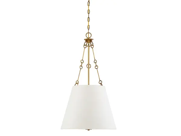 The Austin pendant combines timeless brass warmth with a clean white fabric shade for versatile, glare-free illumination. Its adjustable chain and sloped-ceiling compatibility make it adaptable to various spaces and ceiling heights. - alternate view