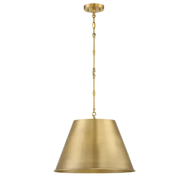The Alden pendant combines timeless metal craftsmanship with modern versatility. Its warm brass finish and opaque shade create focused downward lighting ideal for task areas, while decorative chain details add visual interest. - alternate view
