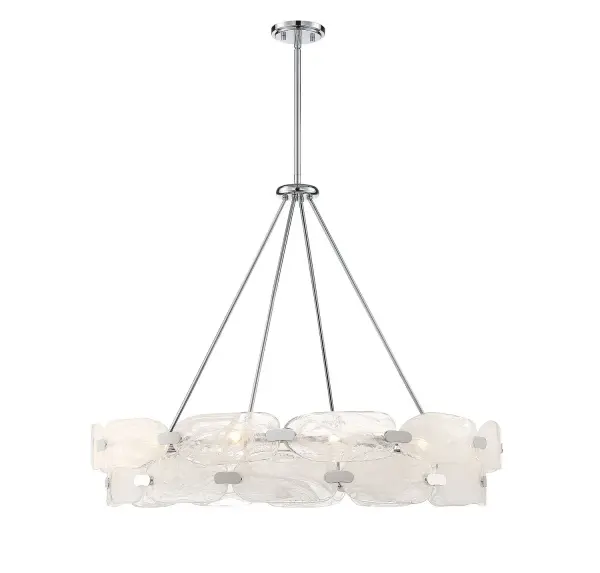 The Vasare pendant transforms any space into a gallery with its 38-inch circular design featuring hand-made marble glass panels. Each pane showcases unique swirls, creating a one-of-a-kind lighting sculpture that serves as functional art.
