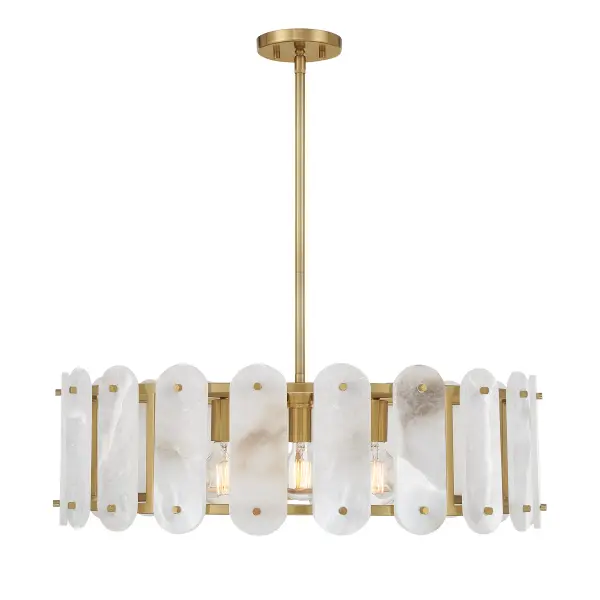The Antolini pendant showcases natural alabaster stone with vibrant veining that creates ethereal warmth. Its jewelry-inspired design pairs precious materials with Warm Brass finish for a sophisticated statement piece.