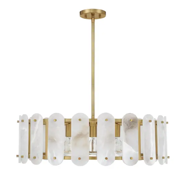 The Antolini pendant showcases natural alabaster stone with vibrant veining that creates ethereal warmth. Its jewelry-inspired design pairs precious materials with Warm Brass finish for a sophisticated statement piece. - alternate view