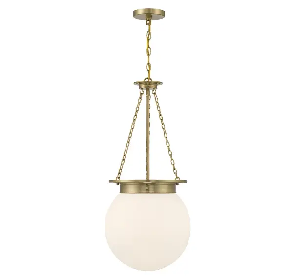 The Manor pendant combines traditional elegance with versatile styling. Its white opal glass orb provides soft, diffused light while the warm brass finish adds sophisticated warmth to any space.