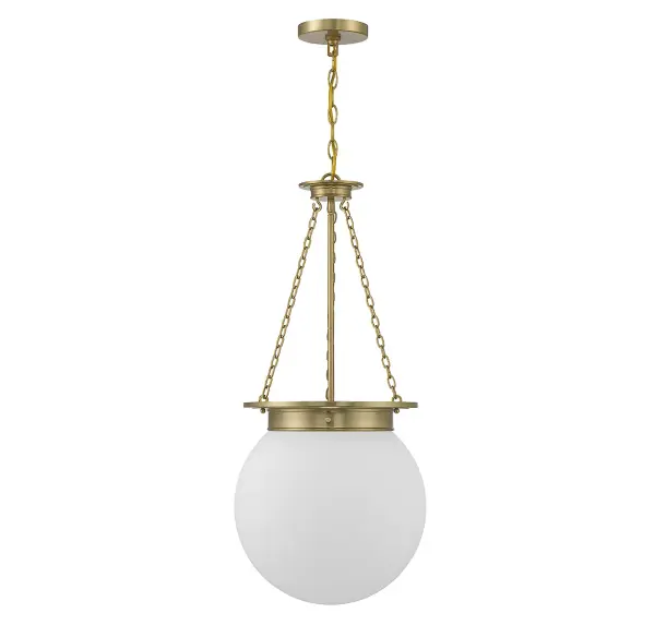 The Manor pendant combines traditional elegance with versatile styling. Its white opal glass orb provides soft, diffused light while the warm brass finish adds sophisticated warmth to any space. - alternate view