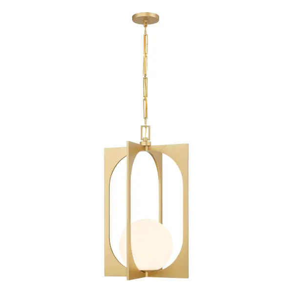 The Harding pendant combines architectural geometry with soft illumination. Its structured oval-and-rectangle frame in Spun Gold finish cradles an opal glass orb, creating a sophisticated focal point that works across traditional and contemporary spaces.