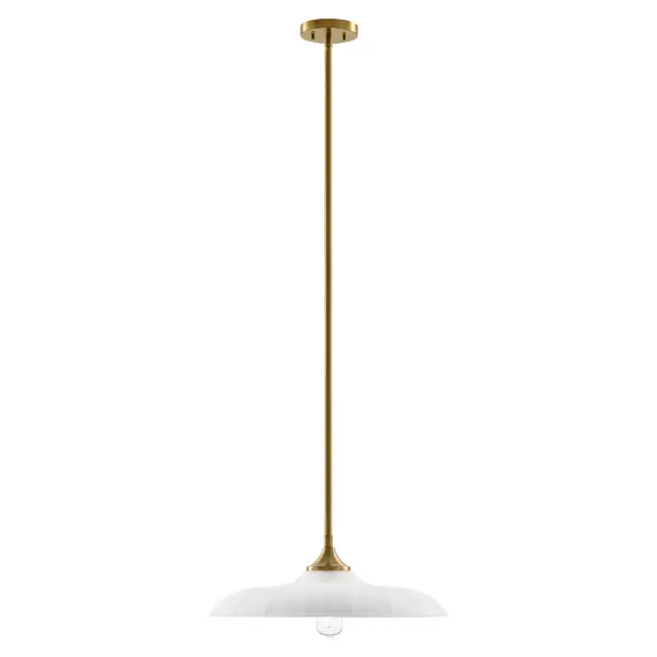 The Hadley pendant brings industrial charm with its ribbed opal glass shade and warm brass finish. At 20" wide, it's perfectly sized for kitchen islands or dining tables, offering adjustable height and timeless appeal.